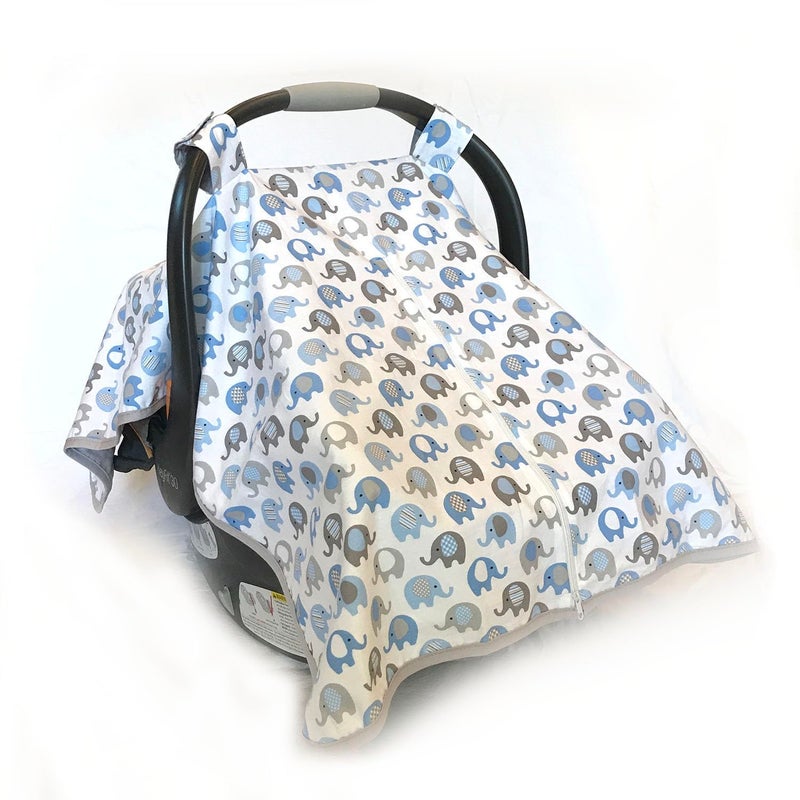 MELKESDE Vera Elephant 100% Breathable Cotton Baby Car Seat Cover (Blue Grey) - Image 2